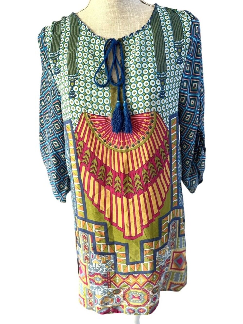 Vibrant Tolani Silk Tunic With Geometric Peacock Inspired Print XS